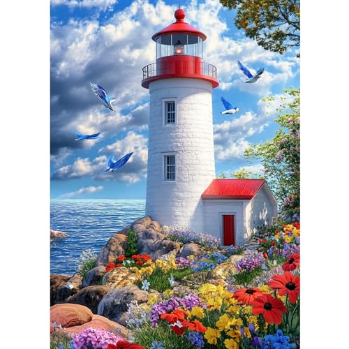 CEOVR Diamond Painting Kit Erwachsene Leuchtturm Diamond-painting Möwe und Blumen,30x40 cm Diamant Paintings Kit,5D DIY Diamond Painting Bilder Set,Diamond Painting Bilder Kit von CEOVR