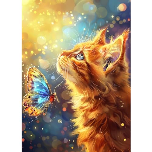 CEOVR Diamond Painting Kits Erwachsene,Katze Diamant Painting,Diamond Painting Bilder,30x40 cm Diamond-painting Set,Diamond Painting Erwachsene, Orange Katze und Schmetterling von CEOVR