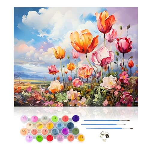 CEOVR Malen Nach Zahlen Erwachsene Kit,Blumen Mal Nach Zahlen für Erwachsene Anfänger,Landschaft Paint by Numbers Adult Set,Ohne Rahmen 40x50 cm DIY Painting by Numbers Tulpen von CEOVR