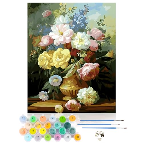 CEOVR Malen Nach Zahlen Erwachsene Kit,Blumen Mal Nach Zahlen für Erwachsene Anfänger,Rose Paint by Numbers Adult Set,Ohne Rahmen 40x50 cm DIY Painting by Numbers,Vase von CEOVR