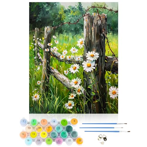 CEOVR Malen Nach Zahlen Erwachsene Kit,Landschaft Mal Nach Zahlen für Erwachsene Anfänger,Paint by Numbers Adult Set,Ohne Rahmen 40x50 cm DIY Painting by Numbers Blumen und Zaun von CEOVR