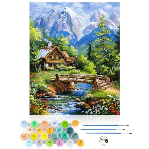 CEOVR Malen Nach Zahlen Erwachsene Kit,Landschaft Mal Nach Zahlen für Erwachsene Anfänger,Paint by Numbers Adult Set,Ohne Rahmen 40x50 cm DIY Painting by Numbers Hütte und Bach von CEOVR