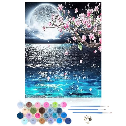 CEOVR Malen Nach Zahlen Erwachsene Kit,Landschaft Mal Nach Zahlen für erwachsene Anfänger,Blumen Paint by Numbers Adult Set,Ohne Rahmen 40x50 cm DIY Painting by Numbers Mond und Meer von CEOVR