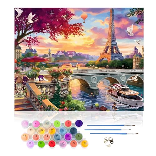 CEOVR Malen Nach Zahlen Erwachsene Kit,Landschaft Mal Nach Zahlen für erwachsene Anfänger,Eiffelturm Paint by Numbers Adult Set,Ohne Rahmen 40x50 cm DIY Painting by Numbers Seine-See von CEOVR