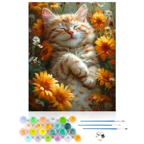 CEOVR Malen Nach Zahlen Erwachsene Kit,Orangefarbene Katze Nach Zahlen für Erwachsene Anfänger,Paint by Numbers Adult Set,Ohne Rahmen 40x50 cm DIY Painting by Numbers Katze schläft in Blumen von CEOVR