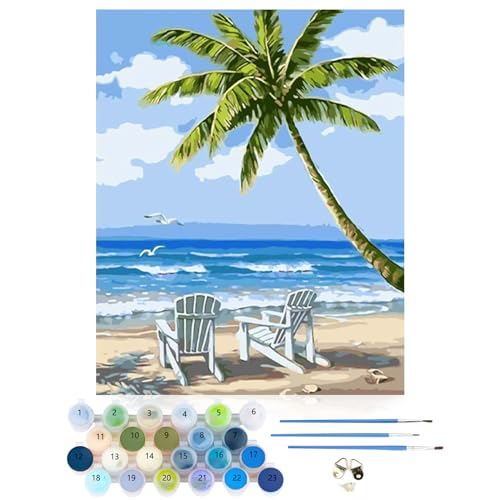 CEOVR Malen Nach Zahlen Erwachsene Kit,Strand Mal Nach Zahlen für Erwachsene Anfänger,Meer Paint by Numbers Adult Set,Ohne Rahmen 40x50 cm DIY Painting by Numbers,Möwen Kokospalmen von CEOVR