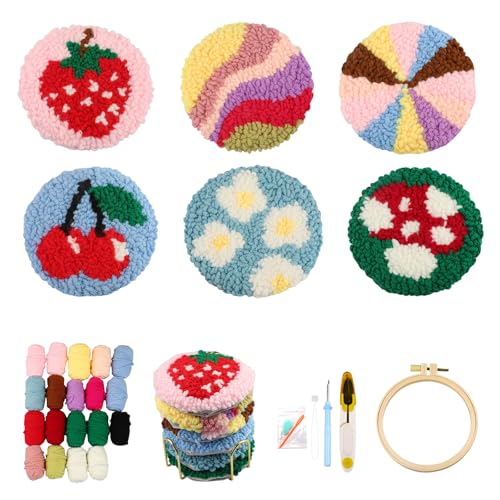 CEOVR Punch Needle Embroidery Kit Blumen,Pilze Punch Needle Sticken Untersetzer Set Erwachsene,Punch-needle Untersetzer Stickset,Regenbögen Sticknadeln Stickrahmen Set Vollständig,10x10 cm von CEOVR