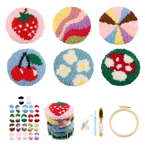 CEOVR Punch Needle Embroidery Kit Blumen,Pilze Punch Needle Sticken Untersetzer Set Erwachsene,Punch-needle Untersetzer Stickset,Regenbögen Sticknadeln Stickrahmen Set Vollständig,10x10 cm von CEOVR