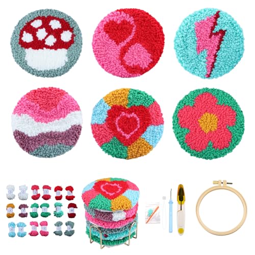 CEOVR Punch Needle Embroidery Kit Einfach Punch Needle Sticken Untersetzer Set Erwachsene,Punch-needle Untersetzer Stickset Liebesherz Sticknadeln Stickrahmen Set Vollständig,10x10 cm von CEOVR