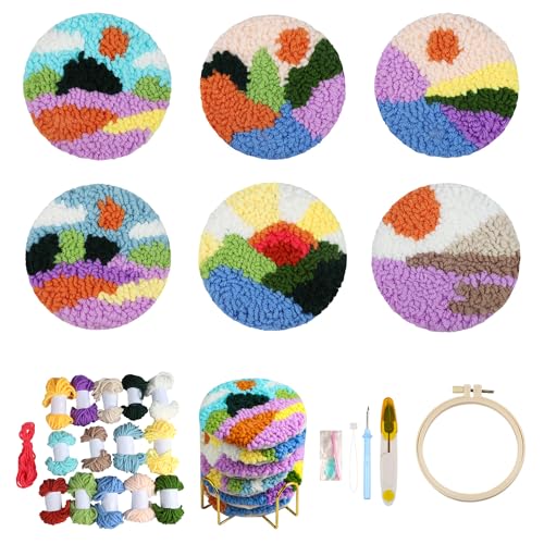 CEOVR Punch Needle Embroidery Kit Landschaft Punch Needle Sticken Untersetzer Set Erwachsene,Punch-needle Untersetzer Stickset Abstrakte Kunst Sticknadeln Stickrahmen Set Vollständig,10x10 cm von CEOVR