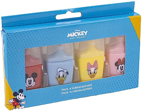 Mickey Mouse Marker Stifte Set 4-Teilig - Mini Format - In Rot, Blau, Gelb und Rosa - Mit Abbildungen von Mickey Mouse und seinen Freunden - Schulutensilien aus ABS-Kunststoff - Original Produkt in Spanien Designed von CERDÁ LIFE'S LITTLE MOMENTS