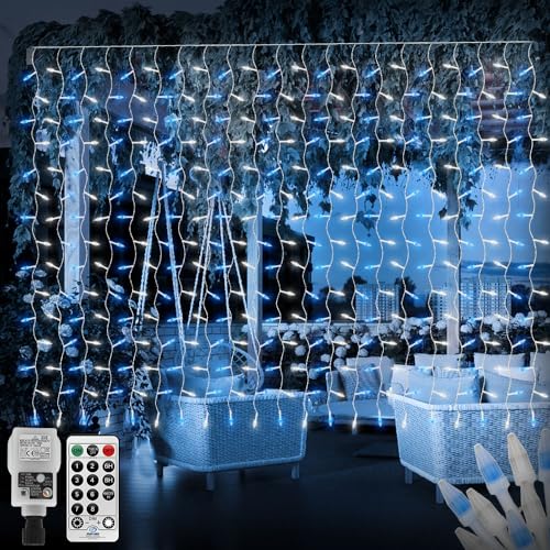 CERIAL 4X2M 300LEDs Außen Lichtvorhang mit Stecker,Mini Lichterkette Inner Lichterkette Vorhang Weihnachten Eisregen Lichterkette für Urlaub Hochzeit Dekorationen, Blue+ Weiß von CERIAL