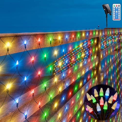 Solar Lichternetz 3X2M 200LED Außen Lichterkette Netz Solar Garten Mesh Lichterkette mit Fernbedienung & Timer 8 Modi für Outdoor Fenster Hochzeit Wohnzimmer(RGB) von CERIAL