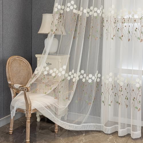 CERTNKI Eyelet,W120xL140cm, 2 Stücke Stickerei Weißer Voile Vorhänge Transparent Vorhang Gestickte Jacquard Vorhänge Weiche Atmungsaktive Für Wohnzimmer Schlafzimmer Gardinen von CERTNKI