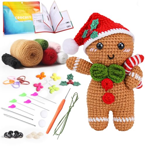 CESHMD Häkelset für Anfänger, Lebkuchenmann Häkelnadel Set, Weihnachts Häkelset mit Häkelnadeln Garn und Video, Kreativ Strickset Bastelset Erwachsene Kinder Geschenk Weihnachts von CESHMD