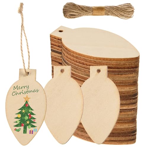 100 Stück Weihnachten unlackierte Holzglühbirnenausschnitte Blanko Holz Glühbirne Scheiben Ausschnitte Holz Glühbirne hängende Ornamente vorgebohrte Holzscheiben mit Seil für DIY Weihnachten Handwerk von CESTAME