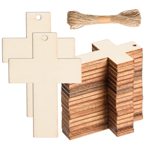 60 Stück unlackierte Mini-Kreuze, 3,6 x 5,1 cm, blanko, Holzkreuz-Ausschnitte mit Löchern, Holzkreuz, hängende Ornamente, Holzkreuz, Geschenkanhänger mit Bindfäden für Heimwerker, Kirche, von CESTAME