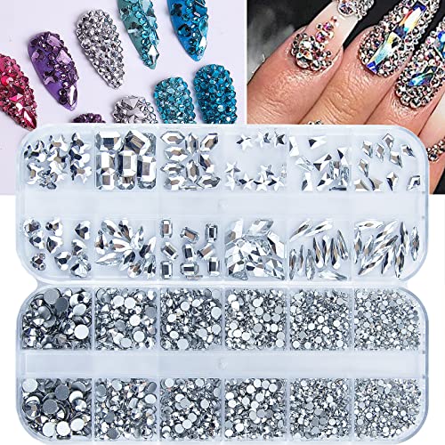 2120 Stück Silber Farbe Strass für Nägel, Multi Form Kristall Edelstein Perlen, Größe Silber Kristall Runde Perlen Strass Edelsteine für Nägel DIY Kleidung Schuhe Schmuck von CESUSME