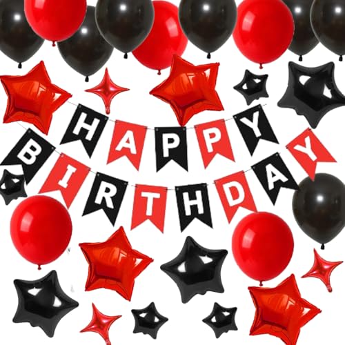 Happy Birthday Dekorationen, Happy Birthday Banner Rot Schwarz Stern Ballons, Latex Ballons, Happy Birthday Party Dekorationen für Frauen Männer Jungen Mädchen (Schwarz & Rot) von CEUQIESO