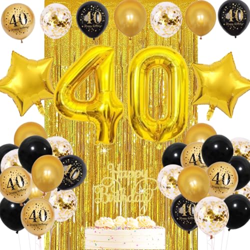 Schwarz und Gold 40. Geburtstag Dekorationen für Männer, 40. Happy Birthday Dekorationen für Frauen mit Schwarz Gold Ballons Vorhang Kuchen Topper Geburtstag Banner (42pcs) von CEUQIESO