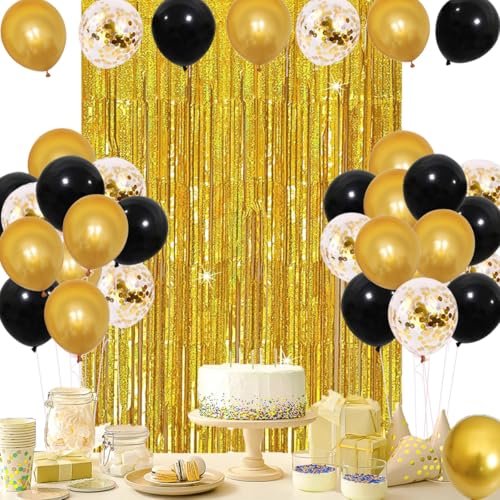 Schwarz und Gold Luftballons Set mit Gold Fransen Vorhang Gold Konfetti Luftballons für Geburtstag 2025 Graduierung Hochzeit Ruhestand Party Dekorationen von CEUQIESO