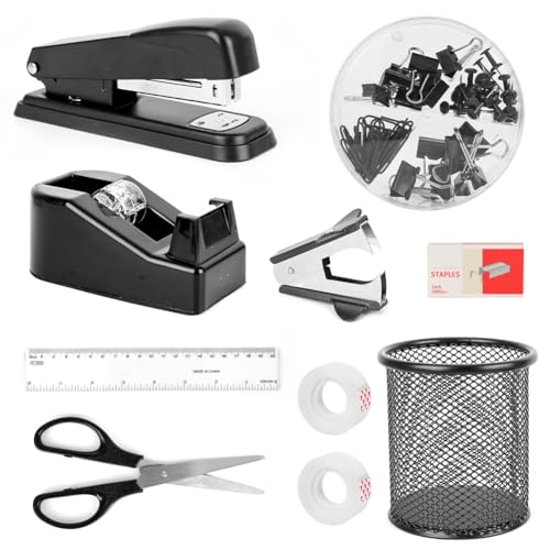 CEWROM Büromaterial, Schreibtischzubehör Schwarz, Büro Zubehör, Hefter und Klebebandabroller Set, mit Heftklammerentferner, Heftklammern, Stifthalter, Clips, Schere, Geschenke für Kollegen (Schwarz) von CEWROM