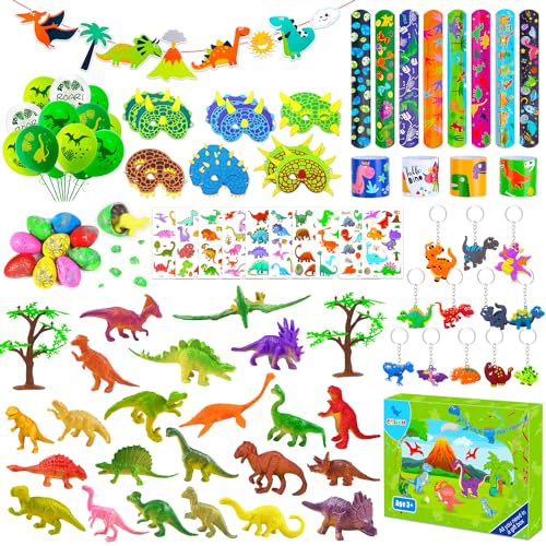 CGBOOM Dinosaurier Party Mitgebsel, Dinosaurier Spielzeug Mini Dinosaurier Figuren Schnapparmband Dino Eier Kinder Maske Dinosaurier Tattoo Aufkleber Luftballons Kindergeburtstag Party Zubehör Deko von CGBOOM