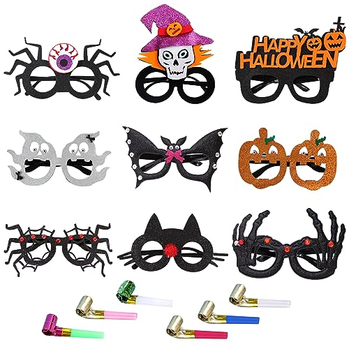 15 Stück Halloween-Partybrillen mit 6 Pfeifen, verschiedene Formen, lustige Filzbrillen, Party-Zubehör, Neuheit, Party-Dekorationen für Erwachsene, Halloween-Partyzubehör, Foto-Requisiten-Zubehör von CGLRybO