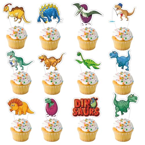 24 Stück Dinosaurier Cupcake Toppers Dinosaurier Thema Dekorationen Dino Cupcake Picks für Kinder Geburtstag Party Baby Dusche Party verschiedene Jurassic Dinosaurier Zubehör von CGLRybO