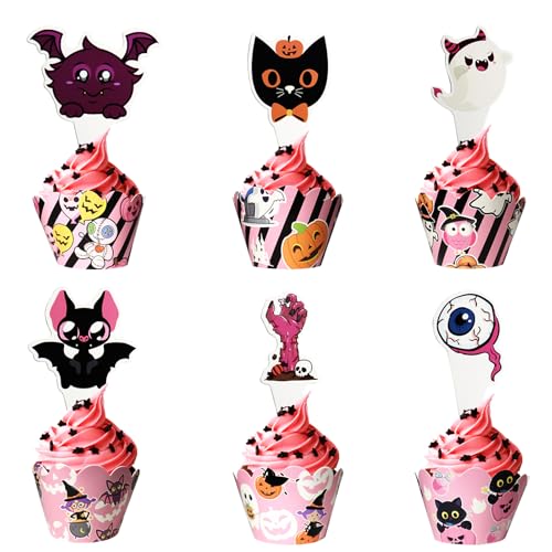 48 Stück Halloween Cupcake Wrappers Liner & Topper, Night Castle Witch Kürbis Ghost Cupcake Dekoration, Cupcake Picks für Halloween Party, Backzubehör für Cupcake Halter von CGLRybO