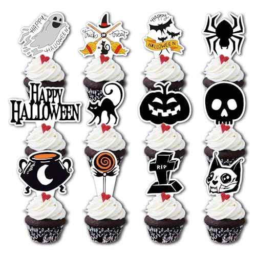 CGLRybO Halloween Cupcake Toppers 24 Stück Halloween Deko, Halloween Party Kuchen Tortendeko, Halloween Muffin Deko, Spinne Kürbis Phantom Kinder Cupcake Dekoration von CGLRybO