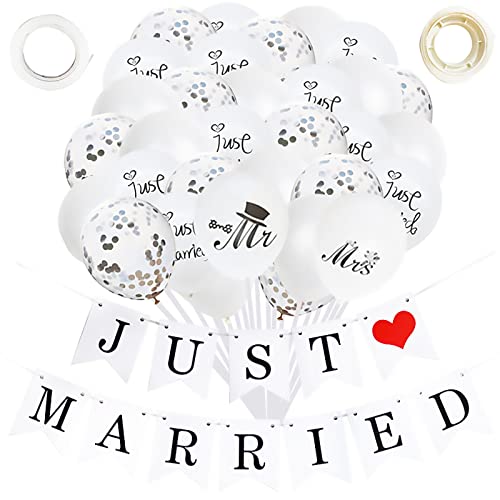 Just Married Hochzeit Deko Set, 10 weiße Latexballons, 10 Paillettenballons, 10 Just Married Luftballons, MR und MRS Zeichen, 1 Just Married banner Set, Hochzeit Dekoration Standesamt Deko von CGLRybO