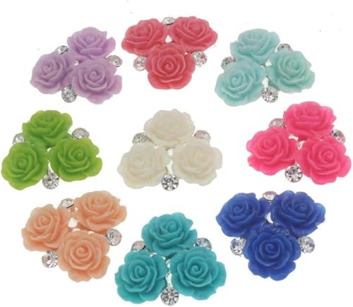 10 Stück 28 mm Strass-Blumen-Harzknöpfe, flache Rückseite, Rosenknöpfe und Kristalle, Schmuck zum Aufnähen, Acryl-Edelsteine, Strass-Applikation (Farbe: weiße Blume), gemischte Farbe von CGRYREH