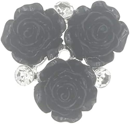 10 Stück 28 mm Strass-Blumen-Harzknöpfe, flache Rückseite, Rosenknöpfe und Kristallschmuck zum Aufnähen, Acryl-Edelstein-Strass-Applikation (Farbe: weiße Blume) - schwarze Rosenblüte von CGRYREH