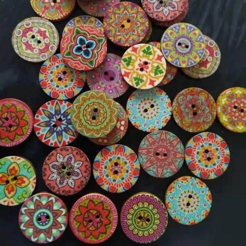 100 Stück bunte Holzknöpfe, Großpackung, 2 Löcher, zufälliges Muster, runde Knöpfe im Boho-Stil für dekorative Kleidung, Bastelprojekte, Malerei, 25 mm – 20 mm von CGRYREH