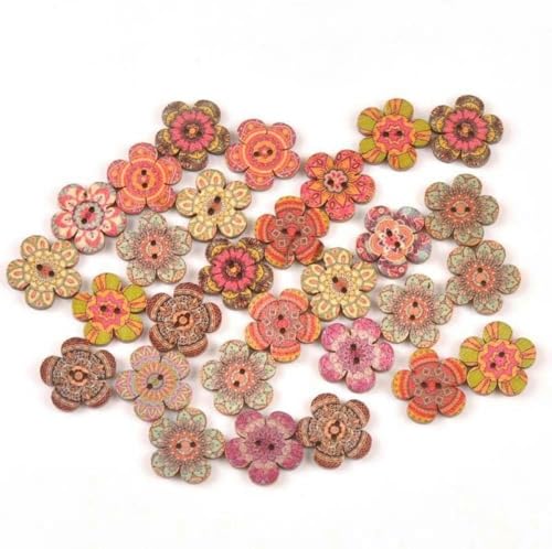 100 Stück bunte Knöpfe in Blumenform, Großpackung, 2 Löcher, zufälliges Muster, Holzknöpfe im Boho-Stil für dekorative Kleidung, Bastelprojekte, Malerei, 25 mm - 25 mm von CGRYREH