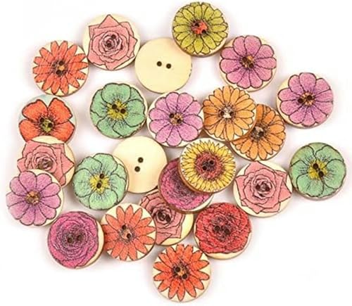 50 Stück runde Holzknöpfe mit gemischtem Blumenmuster für Kleidung, Nähen, Basteln, Scrapbooking, dekoratives DIY-Zubehör (Größe: 25 mm) - 20 mm von CGRYREH