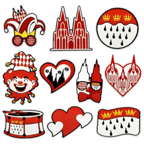 CGVG 10 Pcs Bügelbilder Köln Karneval Rot Weiß Kölner Patches zum Bügeln oder Aufnähen Köln Applikation Aufnäher DIY Bügelflicken für Kleidung Tasche Jeans Karneval Accessoires Dekoration von CGVG