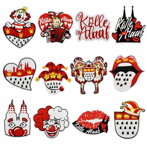 CGVG 12 Pcs Bügelbilder Köln Karneval Rot Weiß Kölner Patches zum Bügeln oder Aufnähen Köln Applikation Aufnäher DIY Bügelflicken für Kleidung Tasche Jeans Karneval Accessoires Dekoration von CGVG