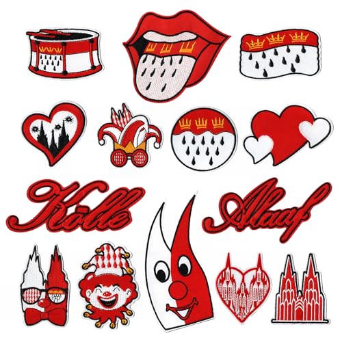 CGVG 14 Pcs Bügelbilder Köln Karneval Rot Weiß Kölner Patches zum Bügeln oder Aufnähen Köln Applikation Aufnäher DIY Bügelflicken für Kleidung Tasche Jeans Karneval Accessoires Dekoration von CGVG