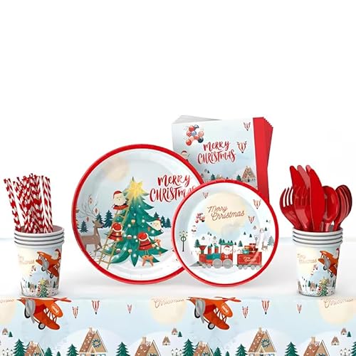 CGVG Weihnachten Partygeschirr Set Pappteller Pappbecher Papierservietten Messer Gabeln Löffel Weihnachtsgeschirr für 16 Gäste Weihnachten Deko Partyzubehör (W2) von CGVG