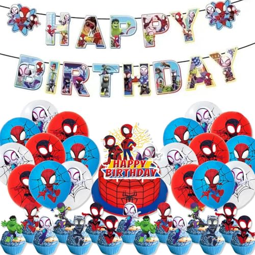 Luftballons Geburtstag, Sppiderman Geburtstagsdekorationsset, Latexballons, Happy Birthday-Banner und Cupcake-Dekorationen, Dekorationszubehör für Kindergeburtstage von CGYADSY