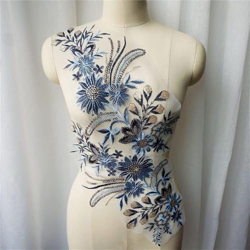 mit Sticknadeln, 2 STK Blau Pailletten Blume Spitze Stoff Bestickt Kleid Applikationen Kragen Mesh Nähen Patches for Hochzeit Dekoration Kleid DIY von CHAKEUZND