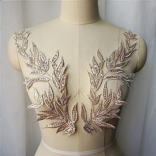 mit Sticknadeln, 2PCS Light Gold Leaf Leaves Lace Fabric Sequin Embroidered Gown Appliques Collar Sew Patches for Wedding Decoration Dress DIY von CHAKEUZND