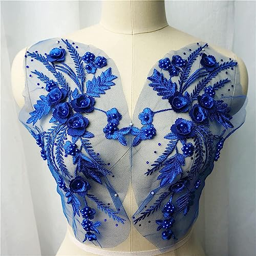 mit Sticknadeln, 2PCS Royal Blue Lace Fabric 3D Flower Tassel Beads Rhinestone Embroidered Wedding Gown Appliques for Dress DIY von CHAKEUZND