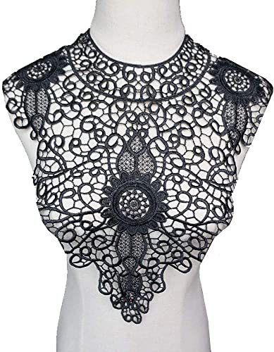 mit Sticknadeln, Large Embroidered Flower Lace Neckline Patch Neck Collar Trim Clothes Sewing Applique Wedding Bridal Dress Embellishment Cloth Fabric Embroidery(Black) von CHAKEUZND