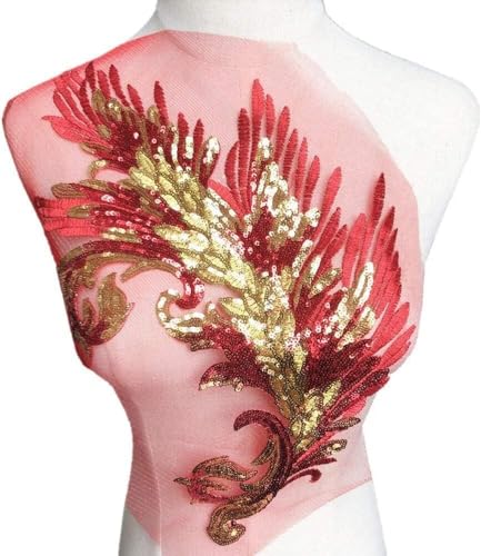 mit Sticknadeln, Pailletten Feder Stickerei Blume Stoff Spitze Applikation Netzbesatz Nähen Motiv Hochzeitskleid Braut DIY Handwerk(Rosso) von CHAKEUZND