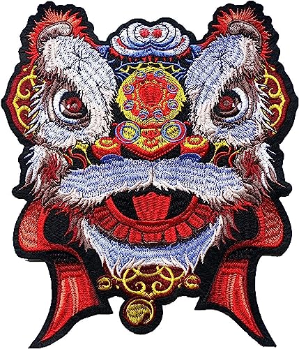 mit Sticknadeln, Red Chinese Lion Head Sew On Patches Embroidered Badges Lucky Animal for Clothes DIY Appliques Craft Decoration von CHAKEUZND