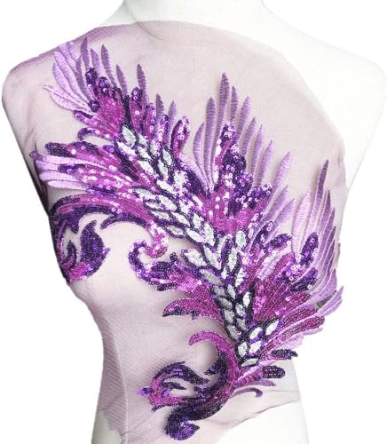 mit Sticknadeln, Sequins Feather Embroidery Flower Fabric Lace Applique Net Trim Sewing Motif Wedding Dress Bridal DIY Craft(Purple) von CHAKEUZND