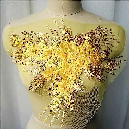 mit Sticknadeln, Yellow Sequin Tassel 3D Flower Rose Beads Lace Fabric Embroidered Gown Appliques Collar Mesh Sew Patch for Wedding Decor von CHAKEUZND